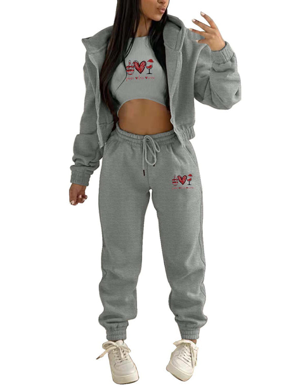 3-Piece Sweatpants, Hooded Sweatshirt, and Crop Tank Sport Outfit Sport Outfits - Chuzko Women Clothing