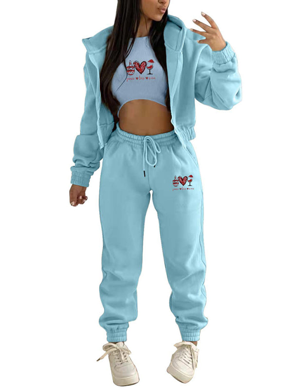 3-Piece Sweatpants, Hooded Sweatshirt, and Crop Tank Sport Outfit Sport Outfits - Chuzko Women Clothing
