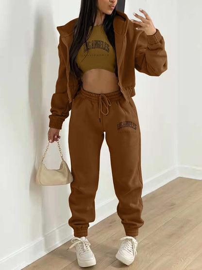 3-Piece Sport Outfit with Sweatpants, Hooded Sweatshirt, and Crop Tank Top Sport Outfits - Chuzko Women Clothing