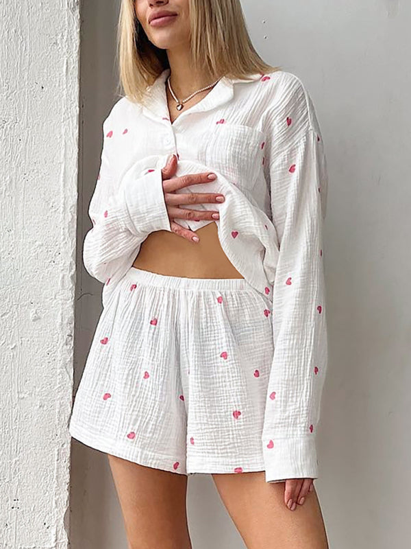 Cotton Textured Heart Print Loungewear - Collar Shirt & Shorts Summer Outfits - Chuzko Women Clothing