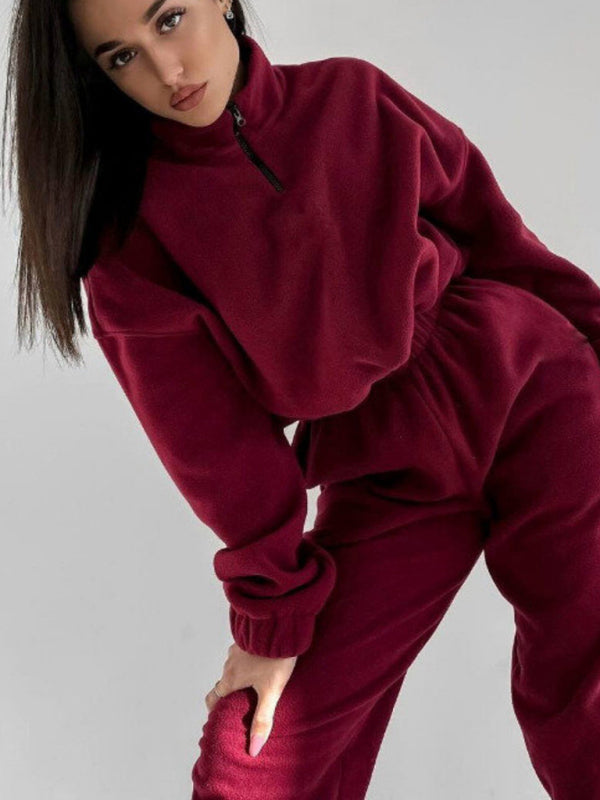 Cozy 2-Piece Lounge Sport Outfit with Sweatpants and Half Zip-Up Sweatshirt Sport Outfits - Chuzko Women Clothing