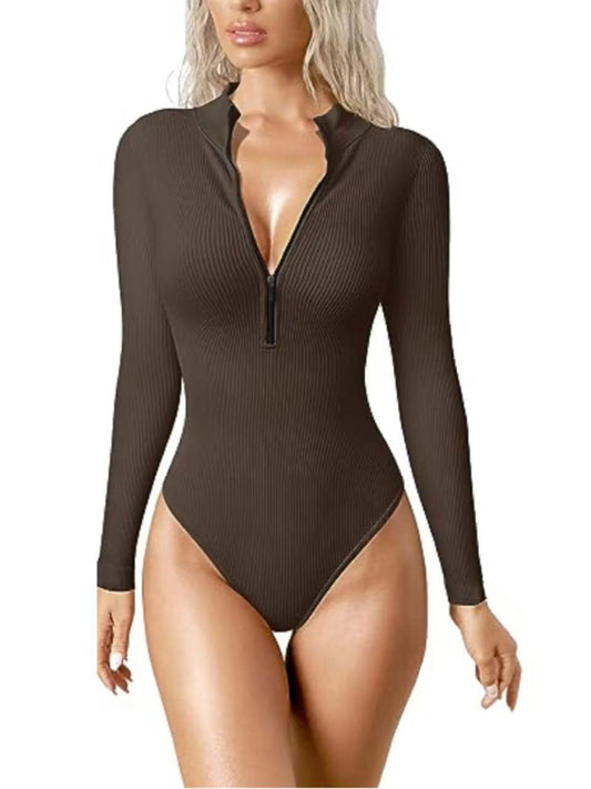 Contoured Ribbed Fitted Bodysuit with Long Sleeves and Half Zip-Up Rib-Knit Bodysuit - Chuzko Women Clothing