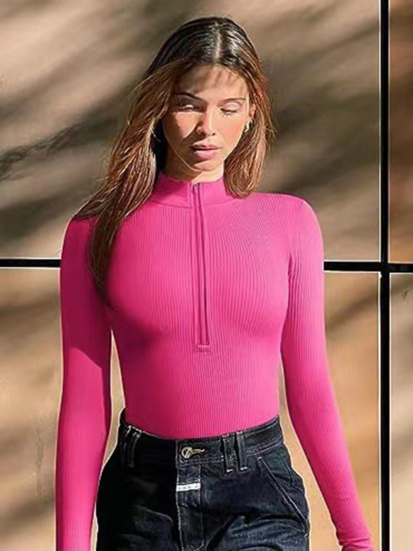 Contoured Ribbed Fitted Bodysuit with Long Sleeves and Half Zip-Up Rib-Knit Bodysuit - Chuzko Women Clothing