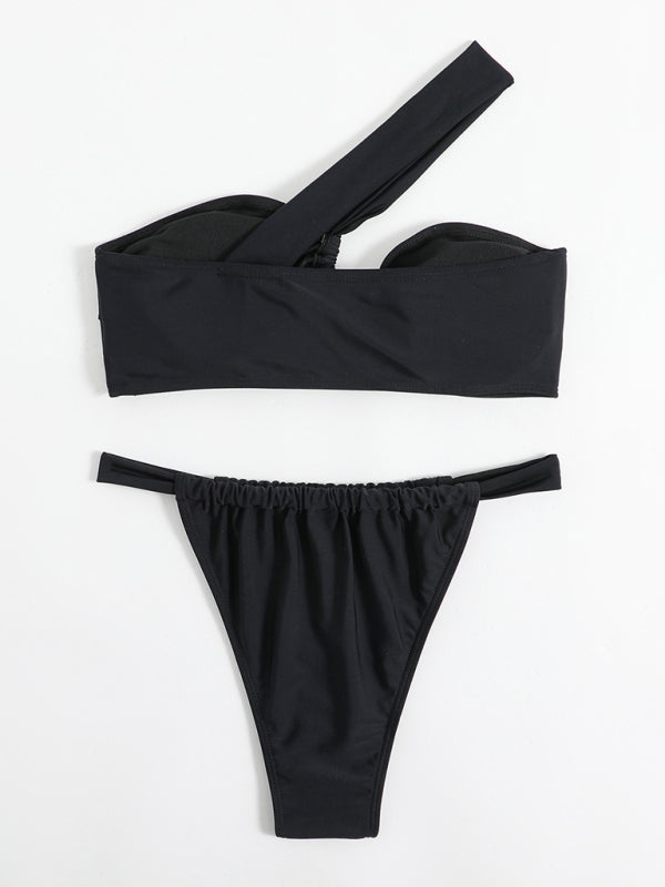 Asymmetric 2-Piece Bikini Set with Wireless One Shoulder Bra and Mid-Rise Thong Swimsuits - Chuzko Women Clothing