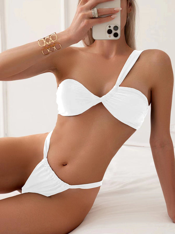 Asymmetric 2-Piece Bikini Set with Wireless One Shoulder Bra and Mid-Rise Thong Swimsuits - Chuzko Women Clothing