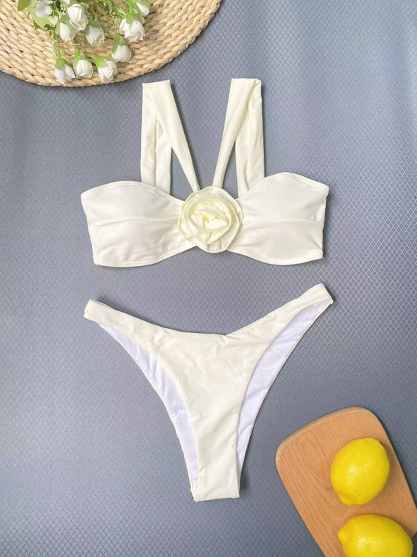 2-Piece Flowers Appliqué Swimwear Set with Wireless Halter Bra and Bikini Thong Swimwear - Chuzko Women Clothing