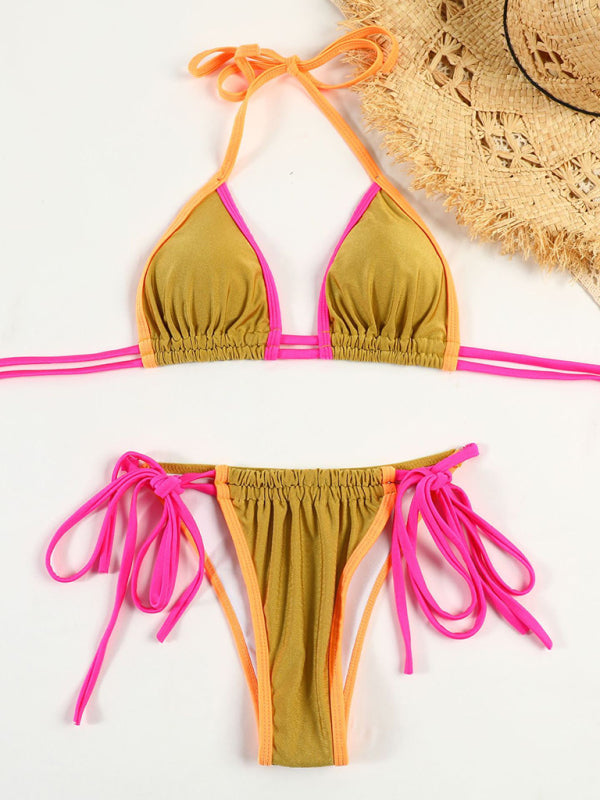 Tropical 2-Piece Bikini Set with Wireless Halter Triangle Bra and Tie-Side Bottoms Swimsuits - Chuzko Women Clothing