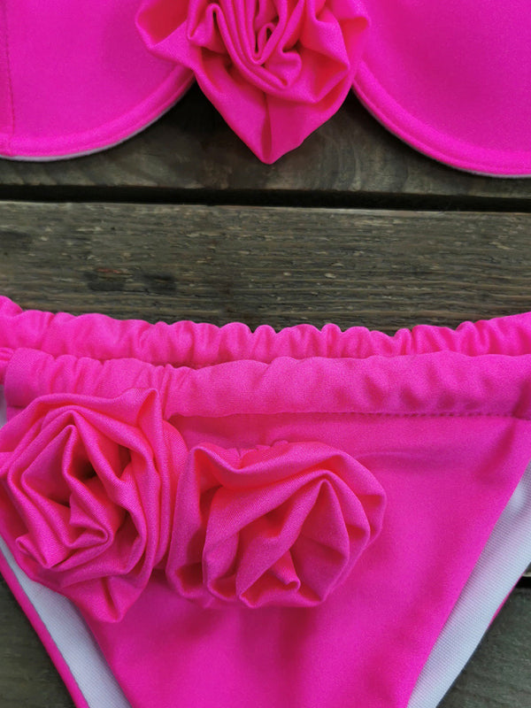 Summer Underwire Bra and Bikini Bottom in a 2-Piece Bikini Set with Flowers Appliqué Swimsuits - Chuzko Women Clothing