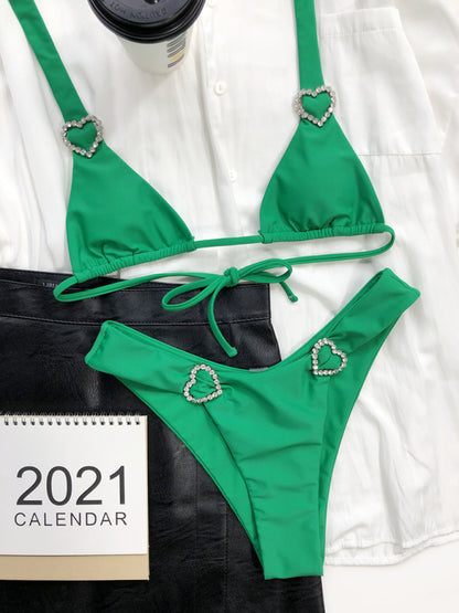 Solid Wireless Triangle Halter Bra and Bottoms in a 2-Piece Swimwear Swimwear - Chuzko Women Clothing