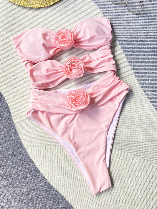Romantic Tube One-Piece Swimsuit with Flowers Appliqué Swimwear - Chuzko Women Clothing