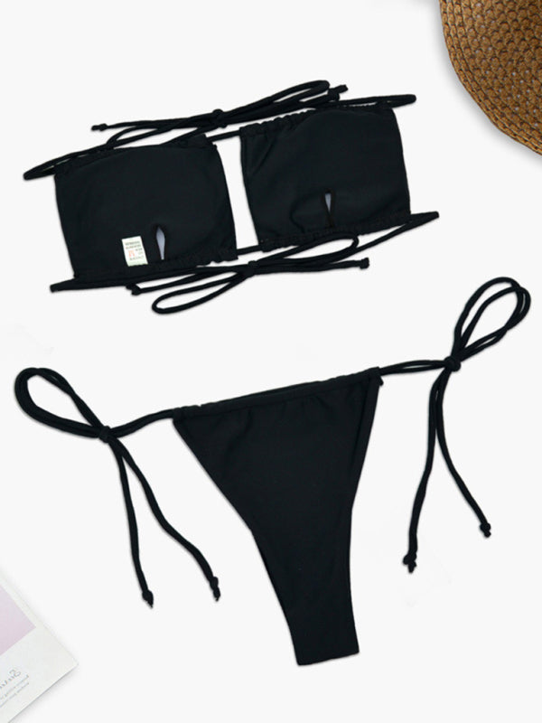 Brazilian Swimwear Bikini, Wireless Tube Bra, and Playful Tie-Side Thongs Swimwear - Chuzko Women Clothing