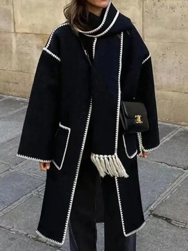 Oversized Embroidered Fleece Coat & Fringed Scarf for Nighttime Charm Embroidered Coats - Chuzko Women Clothing