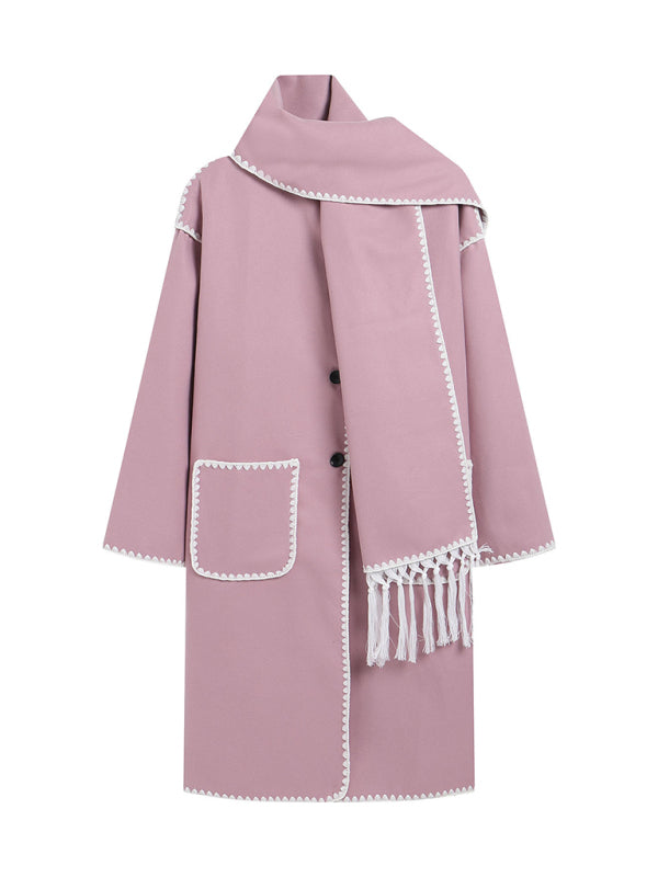 Oversized Embroidered Fleece Coat & Fringed Scarf for Nighttime Charm Embroidered Coats - Chuzko Women Clothing