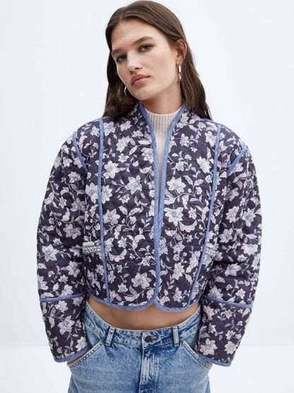 Double-Sided Floral Print and Contrast Binding High Neck Quilted Crop Jacket Quilted Jackets - Chuzko Women Clothing