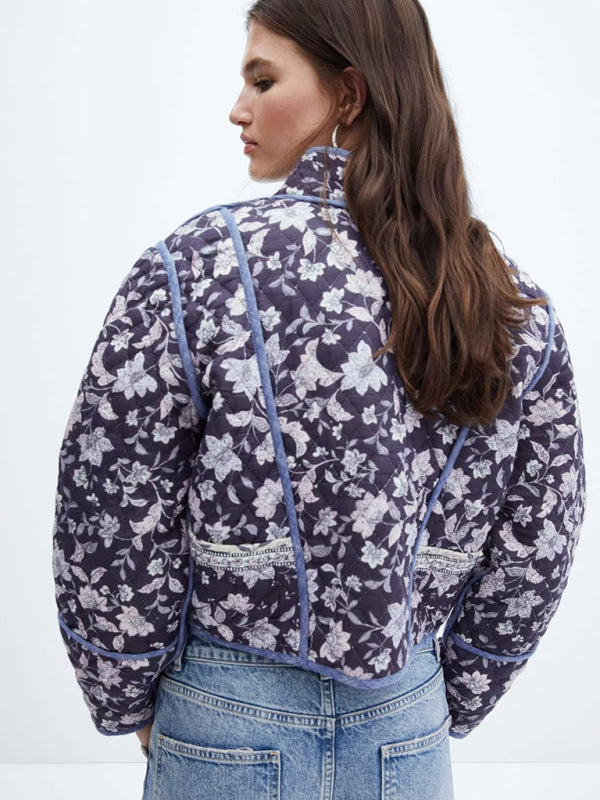 Double-Sided Floral Print and Contrast Binding High Neck Quilted Crop Jacket Quilted Jackets - Chuzko Women Clothing
