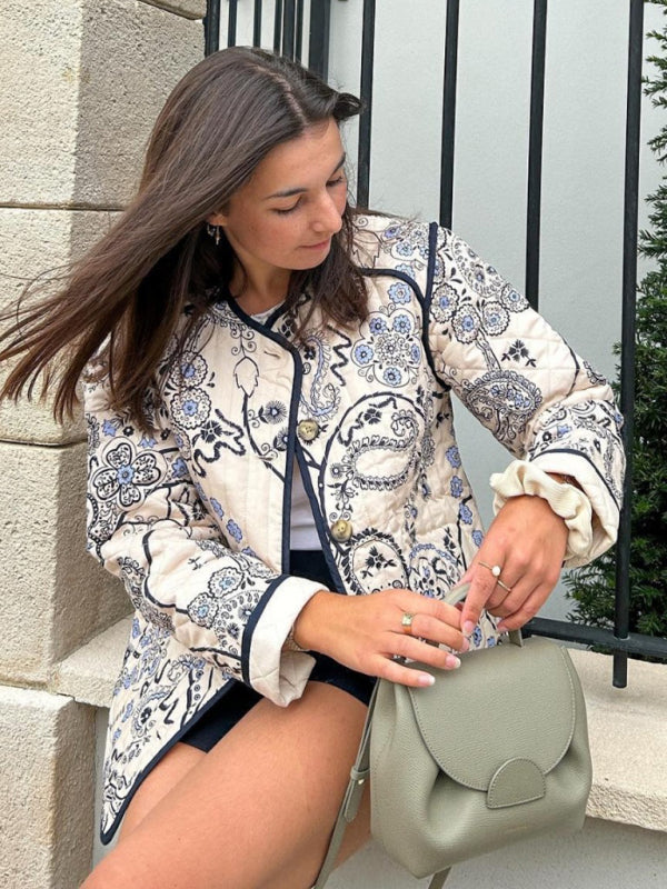 Floral Print and Contrast Binding Button-Up Quilted Jacket Quilted Jackets - Chuzko Women Clothing