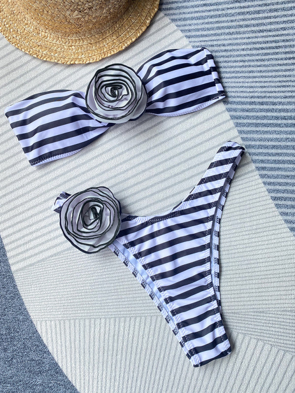 2-Piece Stripe Bikini with Flowers Appliqué, Wireless Bandeau Bra, and Bikini Thong Swimsuits - Chuzko Women Clothing