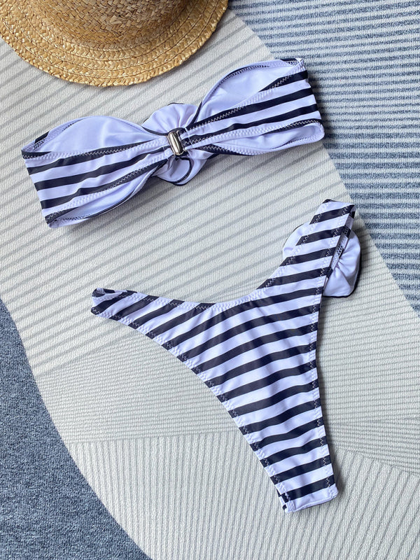 2-Piece Stripe Bikini with Flowers Appliqué, Wireless Bandeau Bra, and Bikini Thong Swimsuits - Chuzko Women Clothing