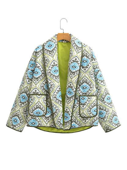 Oversized Floral Print and Contrast Binding Shawl Lapel Quilted Jacket Quilted Jackets - Chuzko Women Clothing