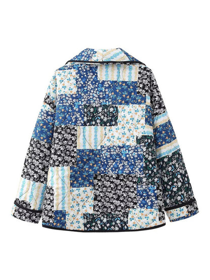 Oversized Floral Print and Contrast Binding Shawl Lapel Quilted Jacket Quilted Jackets - Chuzko Women Clothing