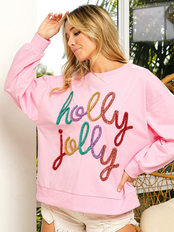 Sparkle Oversized Thanksgiving Christmas Holly Jolly Sweatshirt Xmas Sweatshirts - Chuzko Women Clothing
