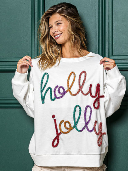 Sparkle Oversized Thanksgiving Christmas Holly Jolly Sweatshirt Xmas Sweatshirts - Chuzko Women Clothing