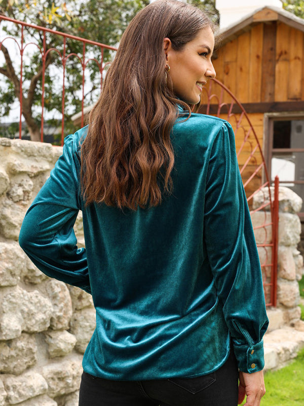 Luxurious Velvet Half-Button High Neck Velour Blouse with Long Sleeves Velvet Tops - Chuzko Women Clothing