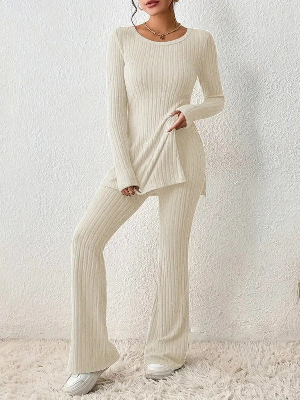 Loungewear Ribbed Knit Pants & Slit Side Crew Neck Sweater for Casual Hangouts Outfit Set - Chuzko Women Clothing