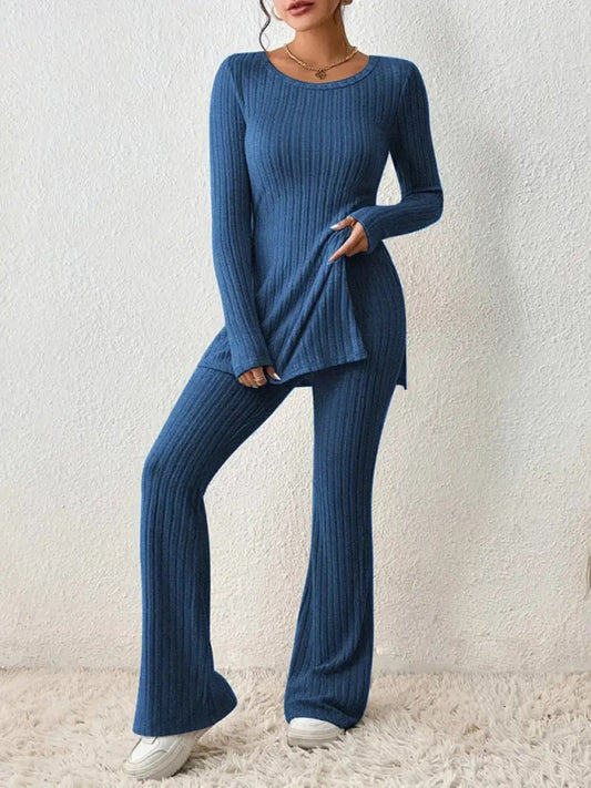 Loungewear Ribbed Knit Pants & Slit Side Crew Neck Sweater for Casual Hangouts Outfit Set - Chuzko Women Clothing