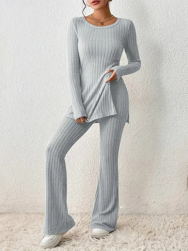 Loungewear Ribbed Knit Pants & Slit Side Crew Neck Sweater for Casual Hangouts Outfit Set - Chuzko Women Clothing