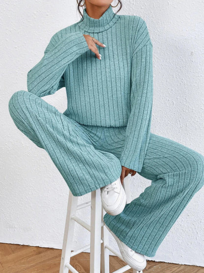 Loungewear Ribbed Knit Pants & High Neck Sweater for Relaxed Days Outfit Set - Chuzko Women Clothing