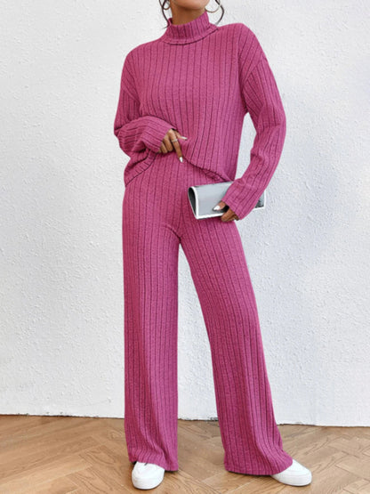 Loungewear Ribbed Knit Pants & High Neck Sweater for Relaxed Days Outfit Set - Chuzko Women Clothing