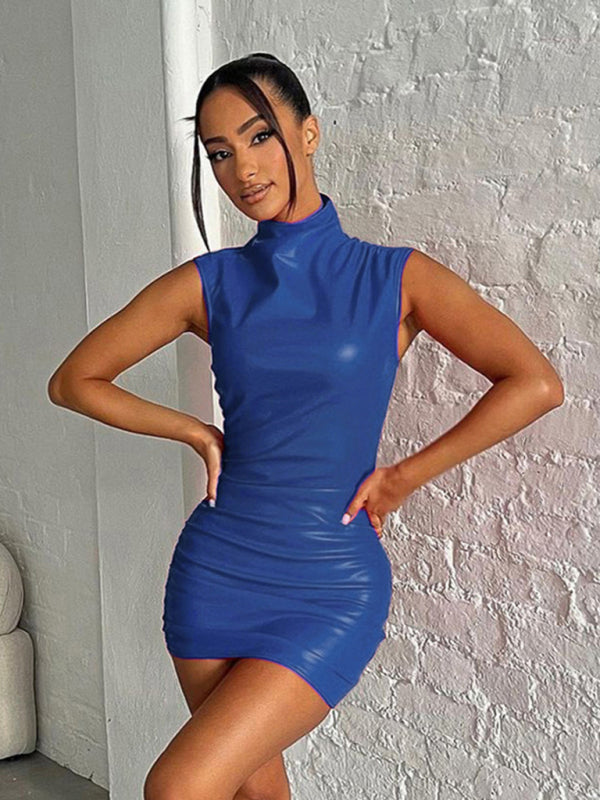 Club Night Faux Leather Bodycon High Neck Mini Dress for Parties Party Dresses - Chuzko Women Clothing
