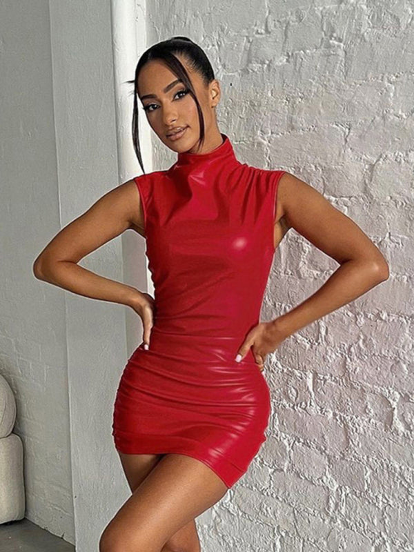 Club Night Faux Leather Bodycon High Neck Mini Dress for Parties Party Dresses - Chuzko Women Clothing