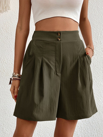 Pleated Shorts- Women's Loose Fit Pleated Shorts with Pockets- Olive green- Chuzko Women Clothing