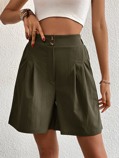 Pleated Shorts- Women's Loose Fit Pleated Shorts with Pockets- - Chuzko Women Clothing