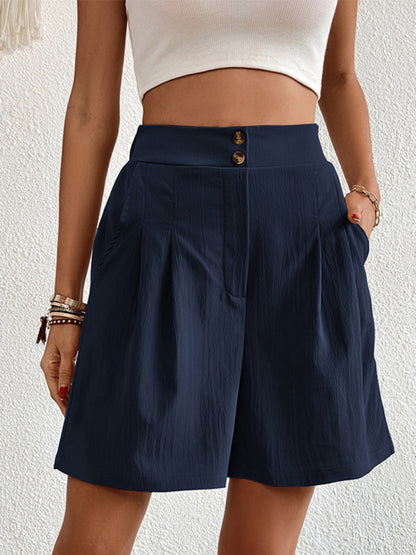 Pleated Shorts- Women's Loose Fit Pleated Shorts with Pockets- Purplish blue navy- Chuzko Women Clothing