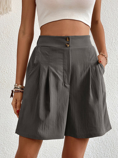 Pleated Shorts- Women's Loose Fit Pleated Shorts with Pockets- Charcoal grey- Chuzko Women Clothing