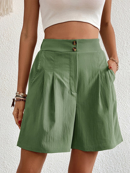 Pleated Shorts- Women's Loose Fit Pleated Shorts with Pockets- Green- Chuzko Women Clothing