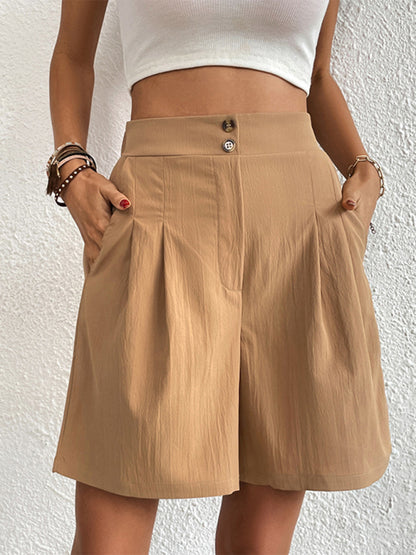 Pleated Shorts- Women's Loose Fit Pleated Shorts with Pockets- - Chuzko Women Clothing