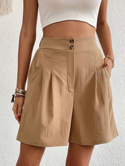 Pleated Shorts- Women's Loose Fit Pleated Shorts with Pockets- Khaki- Chuzko Women Clothing