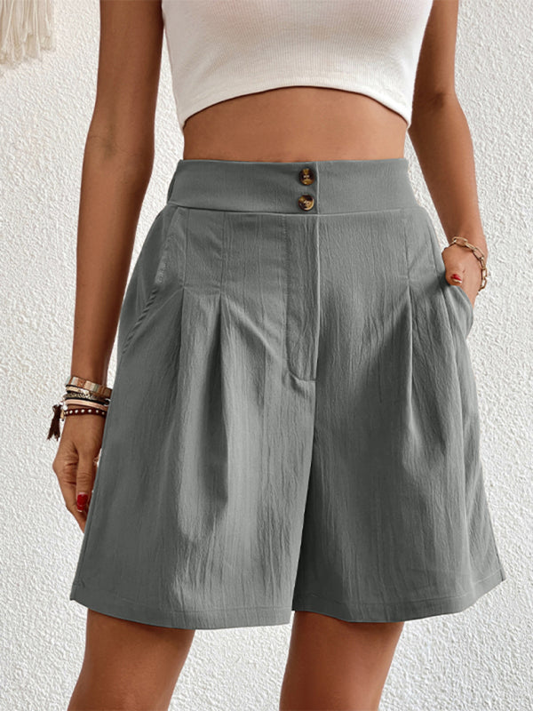 Pleated Shorts- Women's Loose Fit Pleated Shorts with Pockets- Misty grey- Chuzko Women Clothing