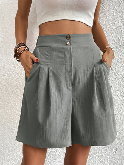 Pleated Shorts- Women's Loose Fit Pleated Shorts with Pockets- - Chuzko Women Clothing