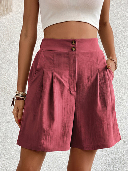 Pleated Shorts- Women's Loose Fit Pleated Shorts with Pockets- Pink- Chuzko Women Clothing