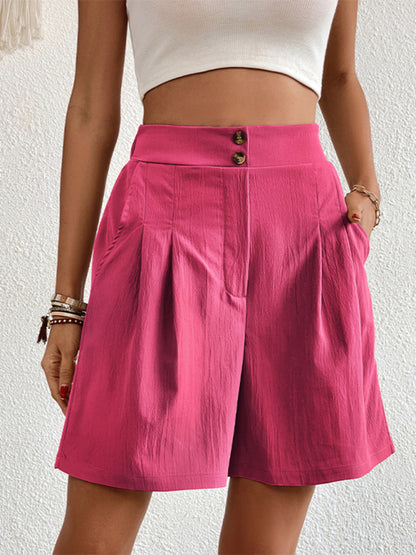 Pleated Shorts- Women's Loose Fit Pleated Shorts with Pockets- Rose- Chuzko Women Clothing