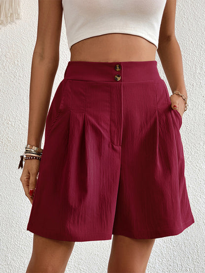 Pleated Shorts- Women's Loose Fit Pleated Shorts with Pockets- Wine Red- Chuzko Women Clothing