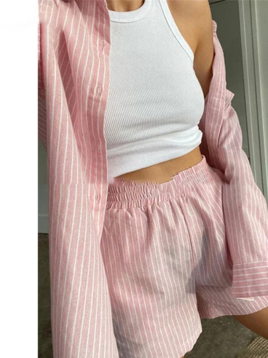 Loungewear- Striped Lounge Set | Button-Up Shirt & Shorts Combo for Leisure Days- Chuzko Women Clothing