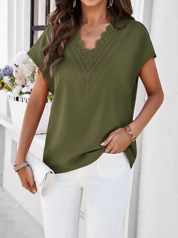 Blouses- Solid Loose-Fit V-Neck Blouse with Lovely Lace Trim- - Chuzko Women Clothing