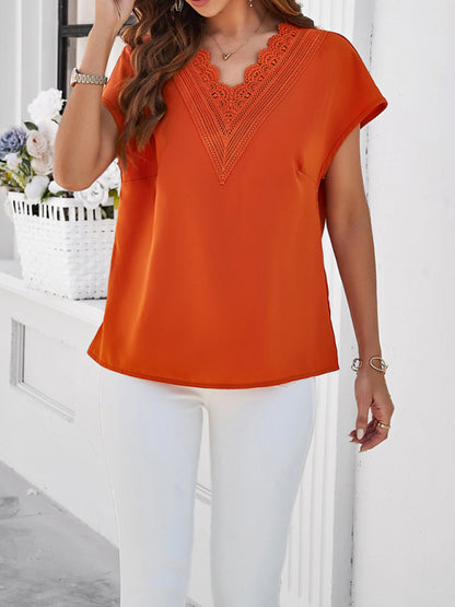 Blouses- Solid Loose-Fit V-Neck Blouse with Lovely Lace Trim- - Chuzko Women Clothing
