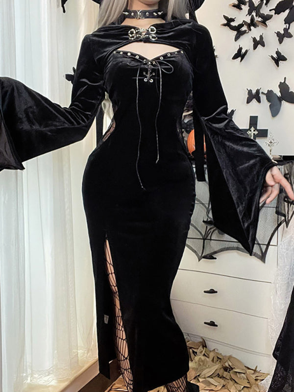 Goth Velvet High Split Dress - Witchy Elegance, Adams Family Inspired Halloween Dresses - Chuzko Women Clothing